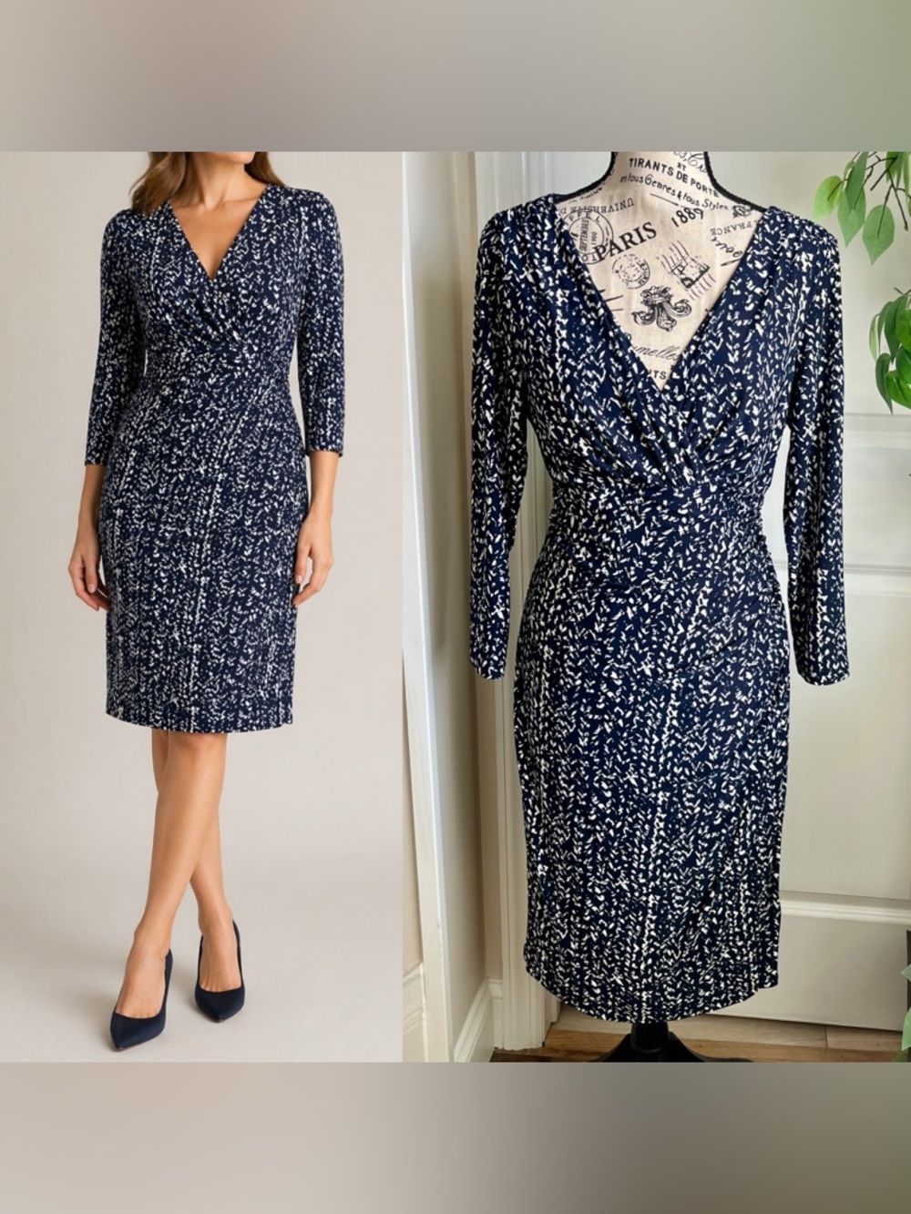 Lauren Ralph Lauren Abstract Print Long Sleeve Faux Wrap Dress Navy Sz 10